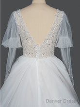 Gorgeous V-Neck Shinny Sequins A-Line Wedding Dress Sheer Sleeves,